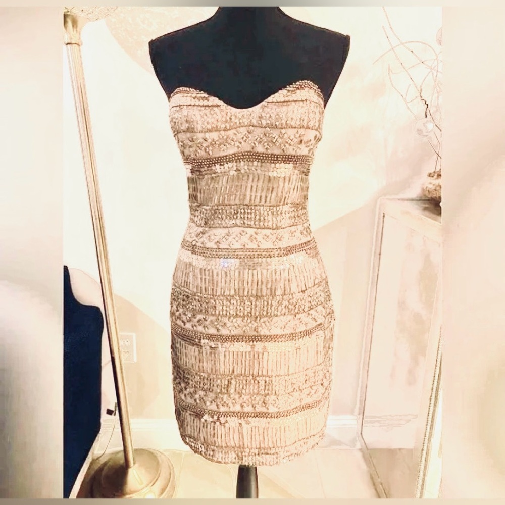 Scala Strapless Beaded Cocktail Dress in Champagne